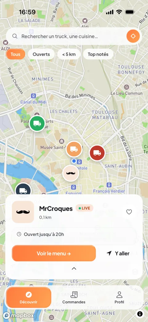 Application client Eatch : carte des food trucks à proximité, recherche par truck ou cuisine, fiche MrCroques ouverte avec ses horaires et le bouton Voir le menu