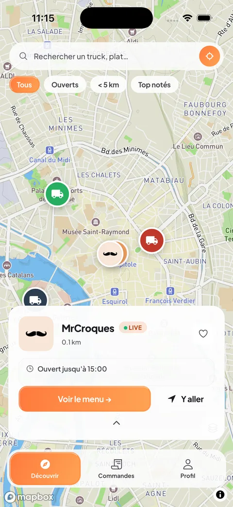 Application client Eatch : carte des food trucks à proximité, fiche MrCroques ouverte avec son logo, ses horaires et le bouton Voir le menu