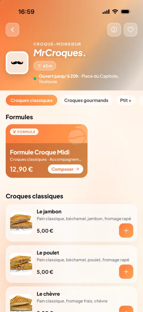 Boutique d’un food truck dans l’app client : menu avec photos, formule et ajout au panier