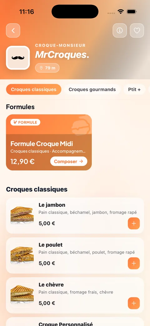 Boutique MrCroques dans l'app client Eatch : menu avec photos des produits, formule et ajout au panier en un geste