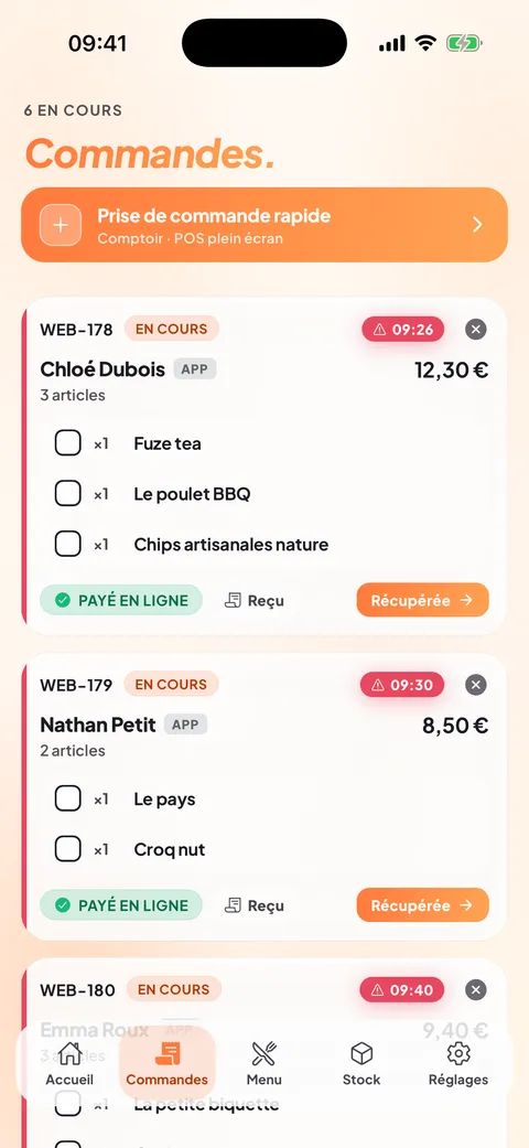 Commandes click & collect en temps réel dans l'application gérant Eatch, sur téléphone