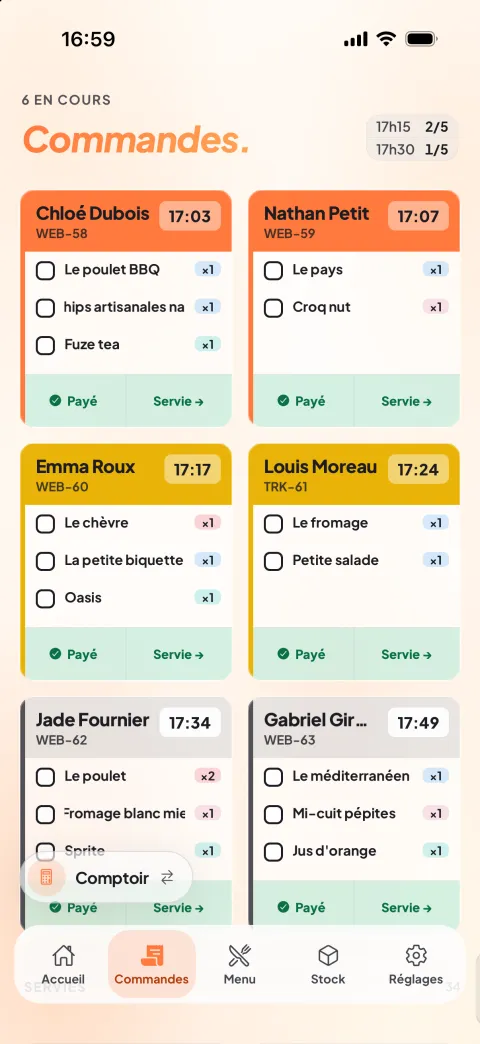 Commandes du jour sur téléphone : une carte par client, colorée selon l’heure de retrait