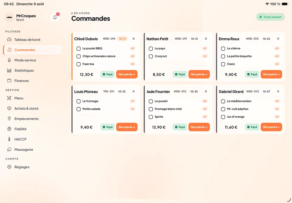 Commandes reçues sur tablette : cartes de commandes en cours avec créneau, produits à préparer et encaissement