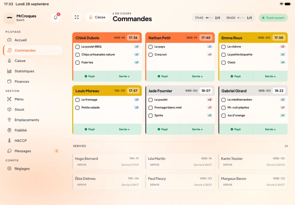 Commandes reçues sur tablette : une carte par client avec son heure de retrait, les produits à cocher et le paiement, puis les commandes servies