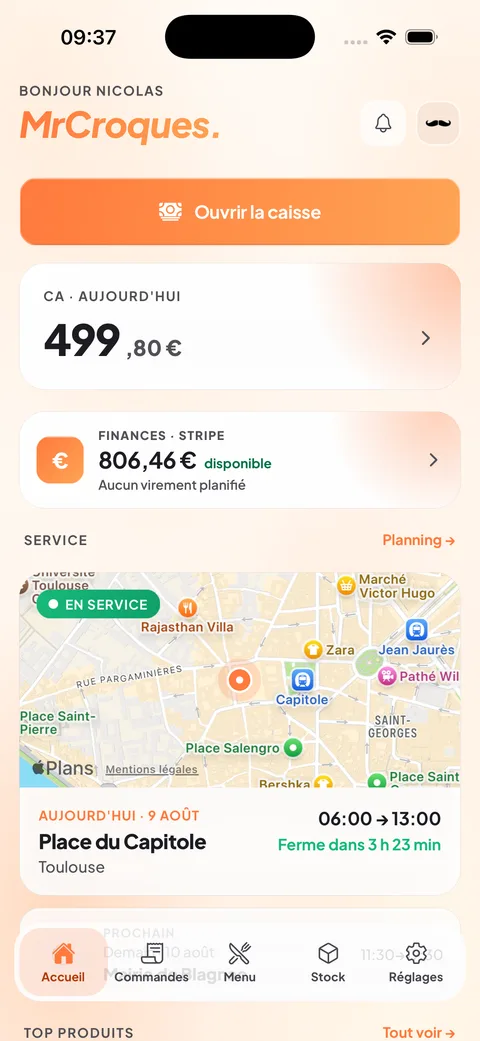Application de gestion Eatch sur iPhone : accueil du gérant avec chiffre d'affaires du jour, solde Stripe disponible et service en cours