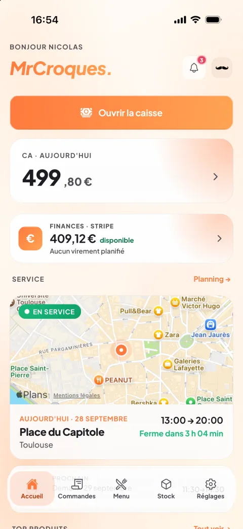Application de gestion Eatch sur iPhone : accueil du gérant avec chiffre d'affaires du jour, solde Stripe disponible et service en cours