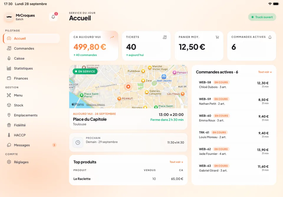 Accueil du gérant sur tablette : chiffre d'affaires du jour, commandes actives et carte du service en cours