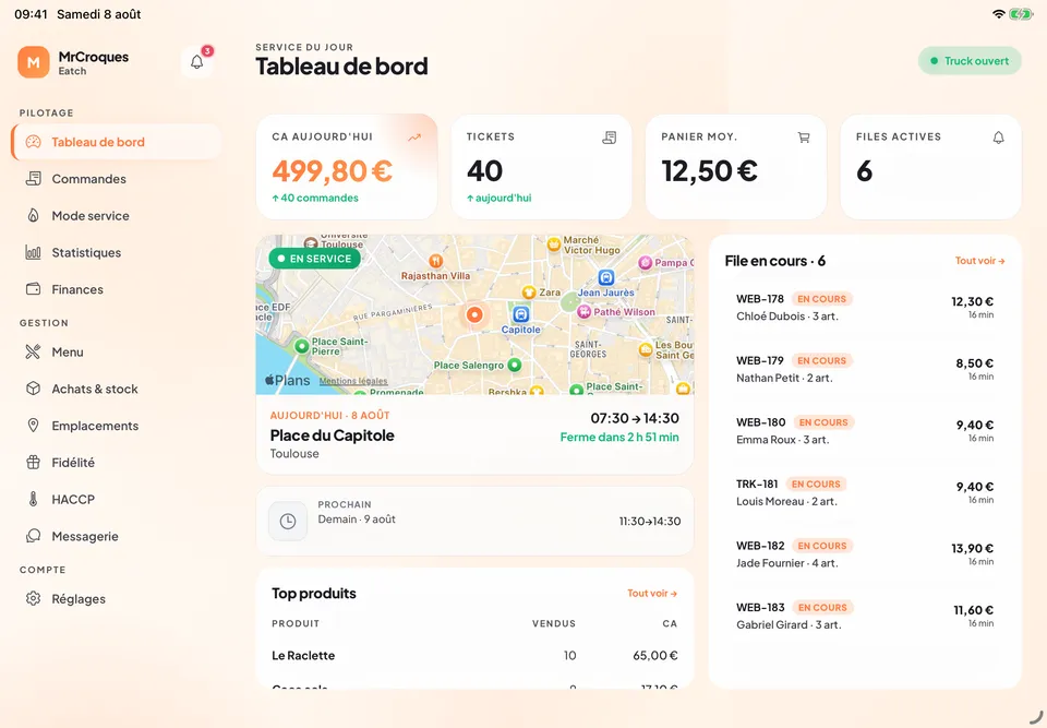 Tableau de bord du food truck sur tablette : chiffre d'affaires du jour, commandes en cours et carte du service