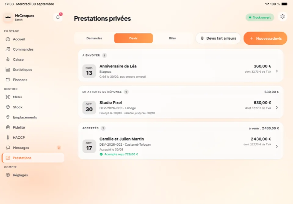 Prestations privées sur tablette : devis envoyés, en attente de réponse, et un mariage accepté avec son acompte reçu