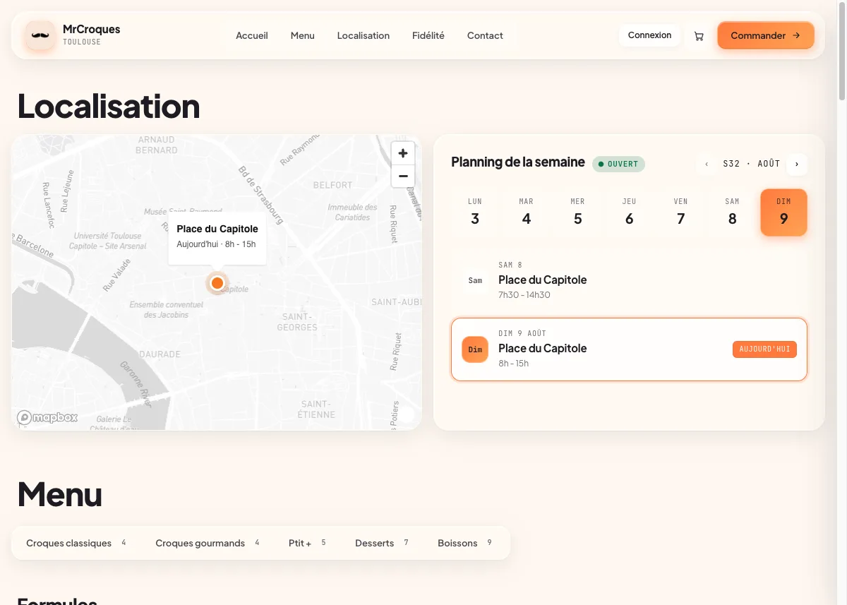 Site internet inclus avec Eatch : page Localisation d'un food truck avec carte et planning de la semaine